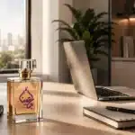 شیشه عطر جاسمین روی میز کار مدرن در کنار لپ‌تاپ و دفترچه