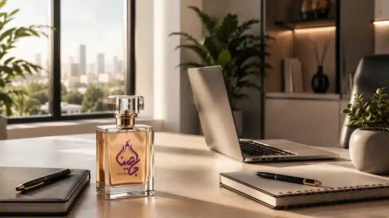 شیشه عطر جاسمین روی میز کار مدرن در کنار لپ‌تاپ و دفترچه