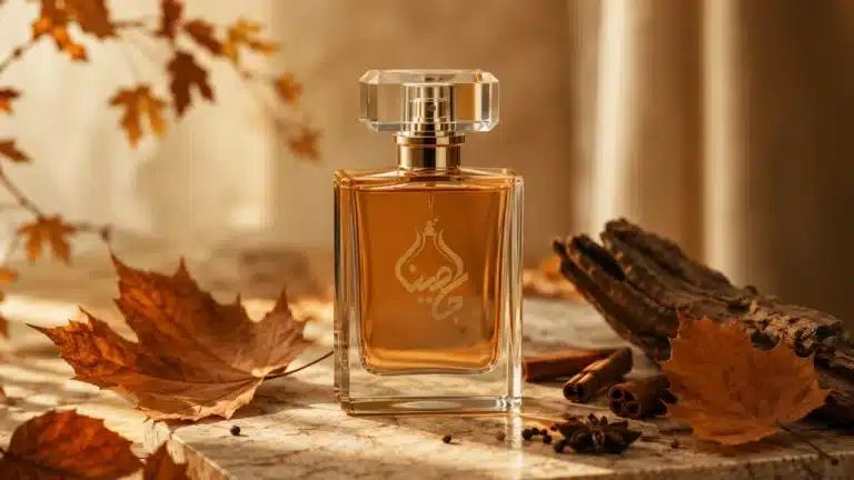 عطر مناسب پاییز در کنار برگ‌های خشک و عناصر چوبی