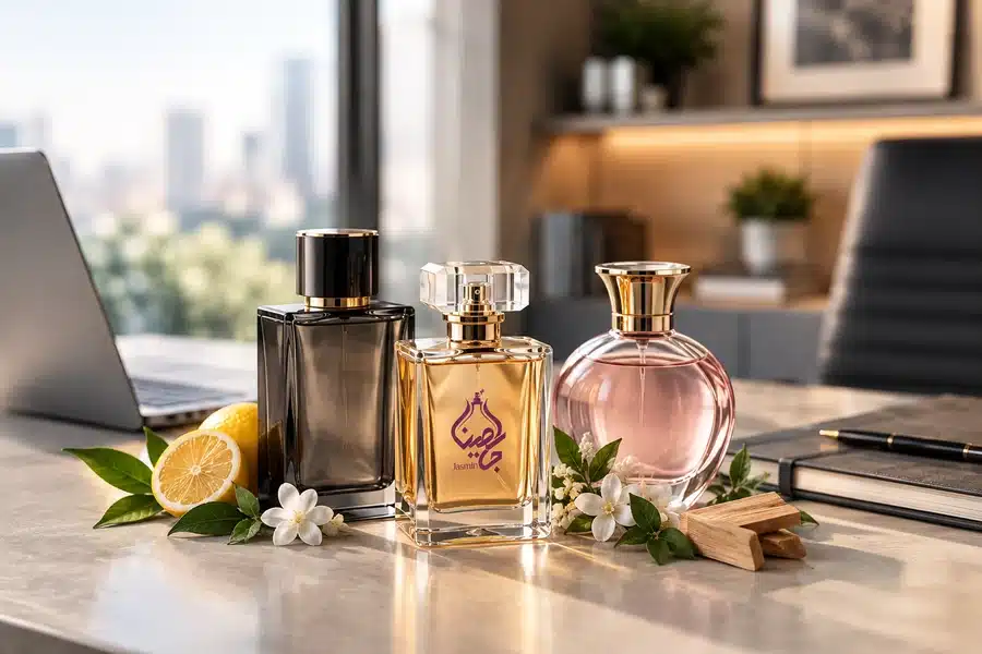 شیشه عطر جاسمین روی میز کار مدرن در کنار لپ‌تاپ و دفترچه