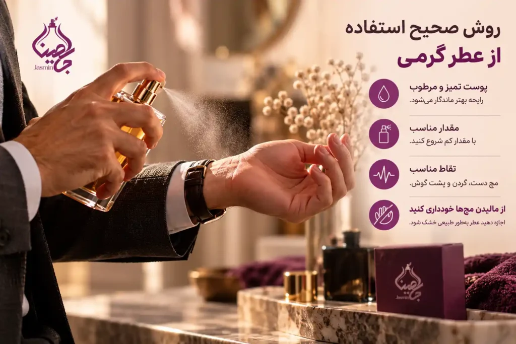 نمای اسپریکردن عطر روی مچ دست همراه با نکات آموزشی روش صحیح استفاده از عطر گرمی