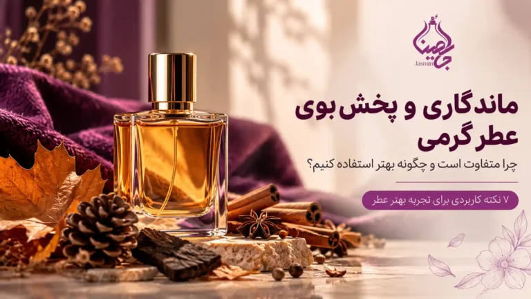 شیشه عطر با مایع کهربایی در فضایی گرم و تزئینی، تصویر شاخص راهنمای ماندگاری و پخش بوی عطر گرمی